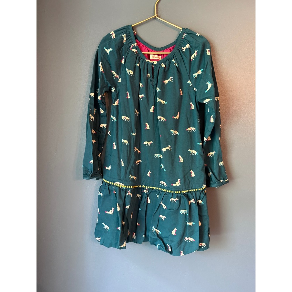 Hatley Girls Teal Green Fox Print Drop Waist Pom Pom Dress Size 8